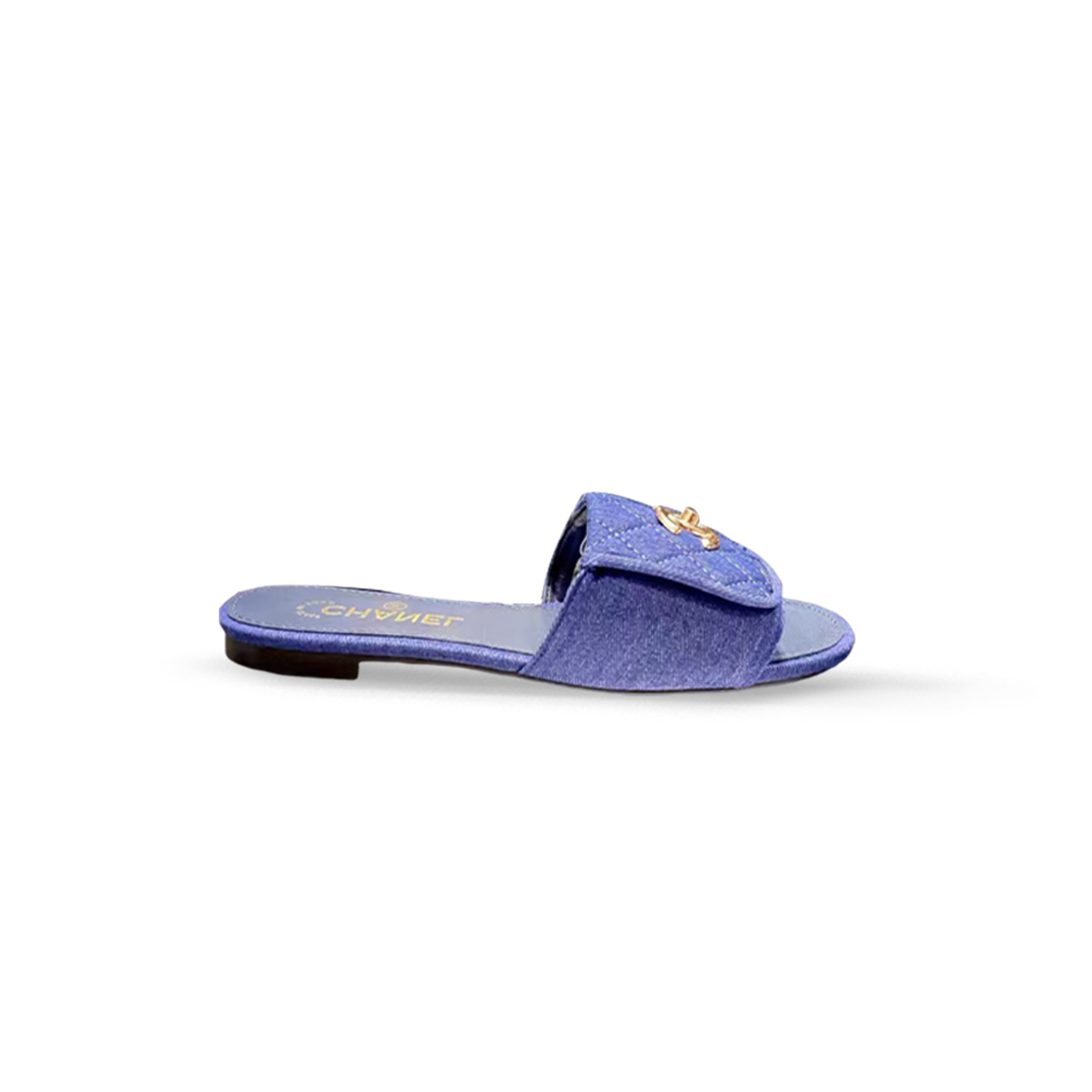 CHANEL DENIM QUILTED TURNLOCK FLAT MULES G46119